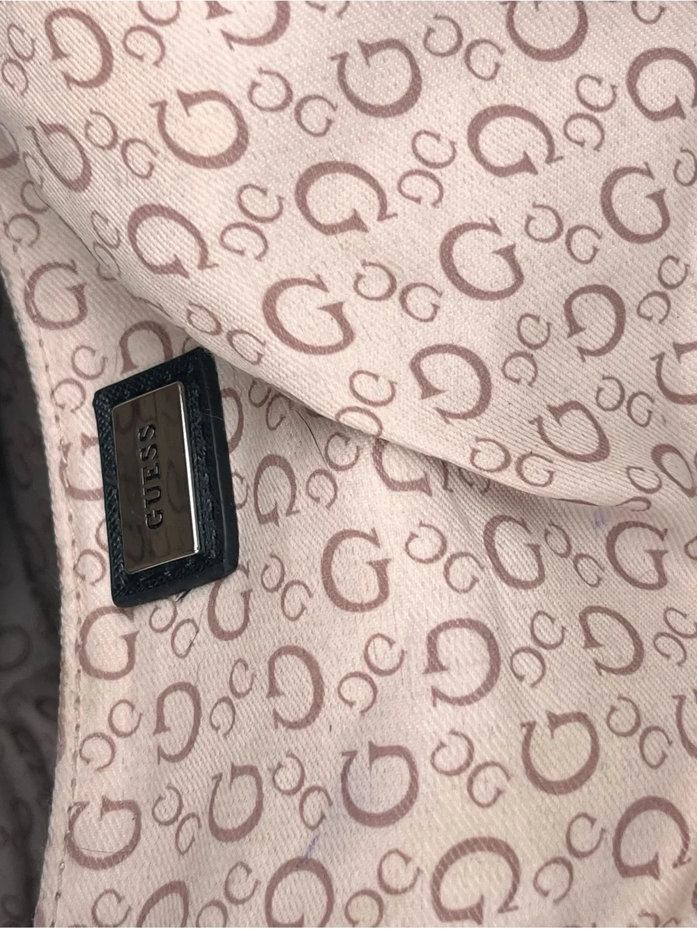 GUESS Beige Monogram Satchel with Black Braided Handles